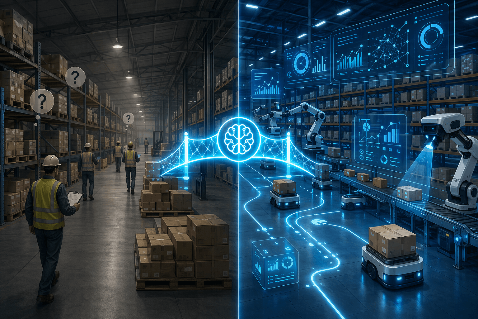 A split-view digital illustration contrasting a traditional manual warehouse with an AI-powered smart warehouse, linked by a glowing bridge icon.