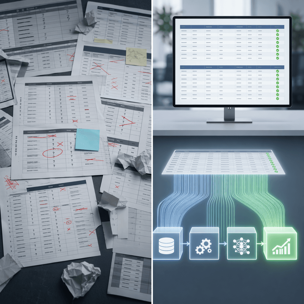 Messy supply chain spreadsheets compared with clean validated data flowing into a predictive model pipeline