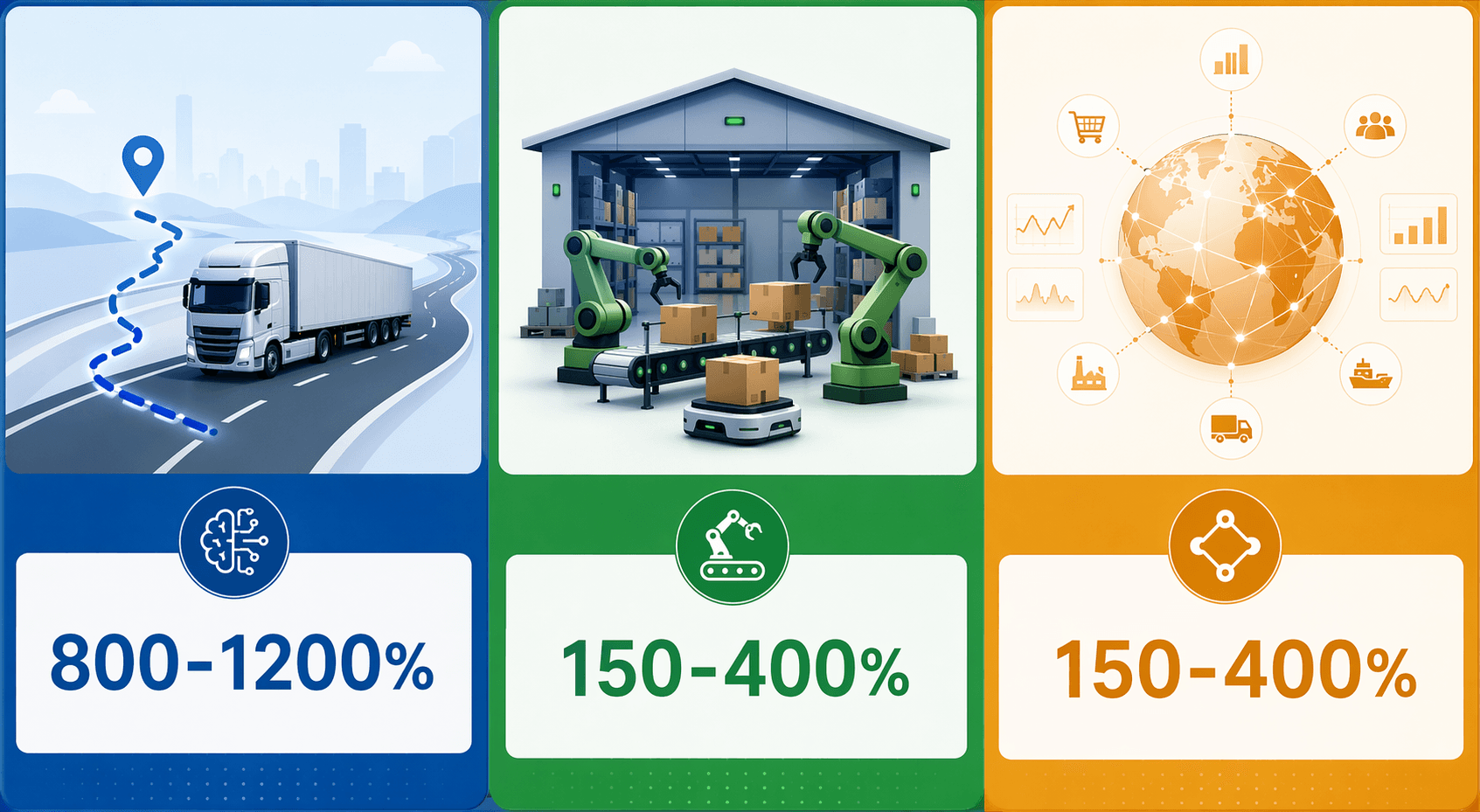 Three-column comparison of route optimization, warehouse automation, and supply chain orchestration ROI ranges