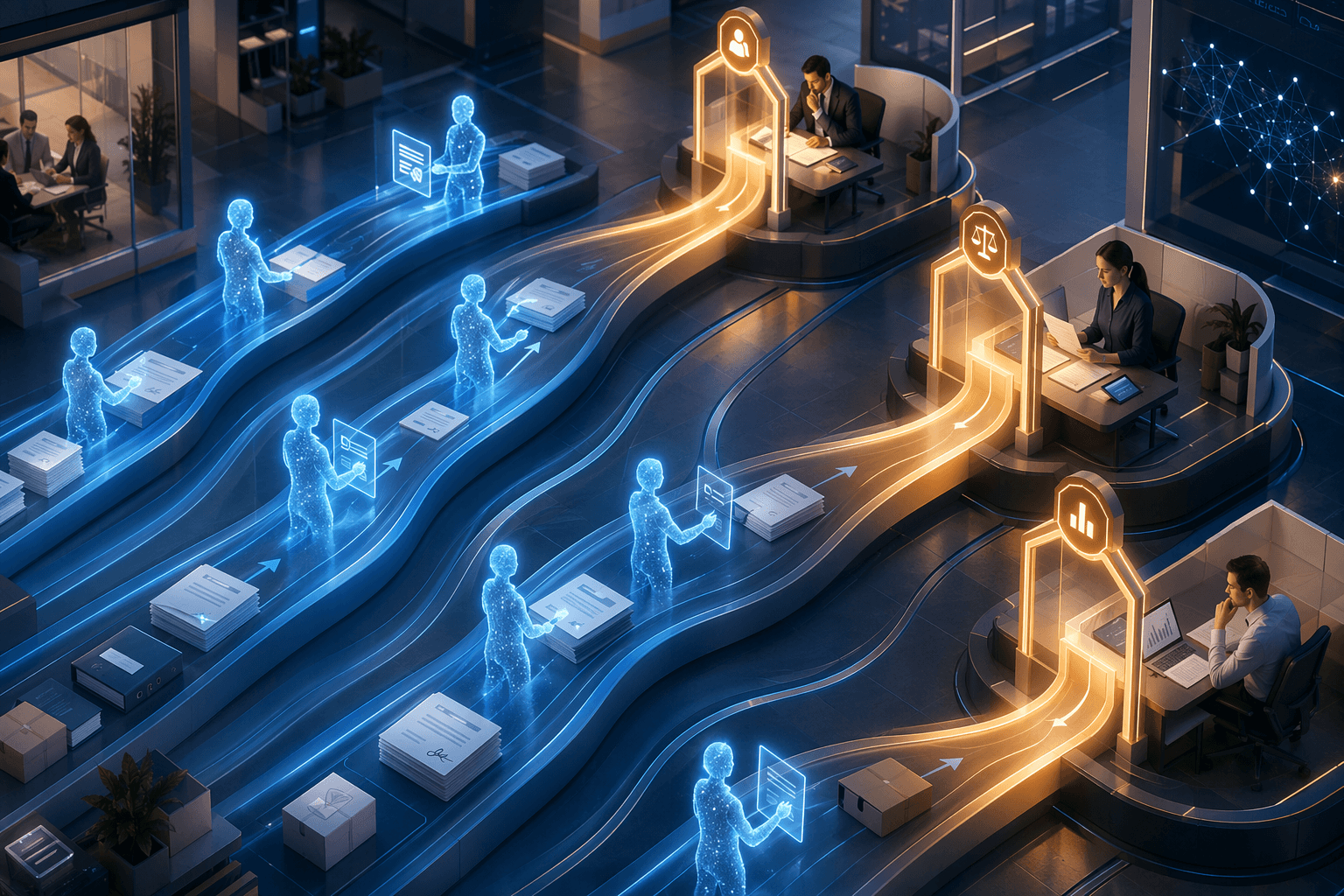 Procurement work flowing through autonomous AI lanes and human decision gateways