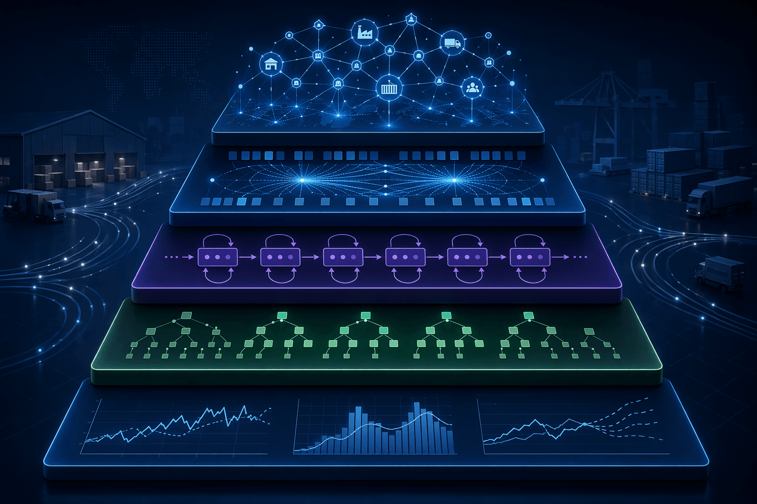 Five ascending tiers of AI forecasting model sophistication