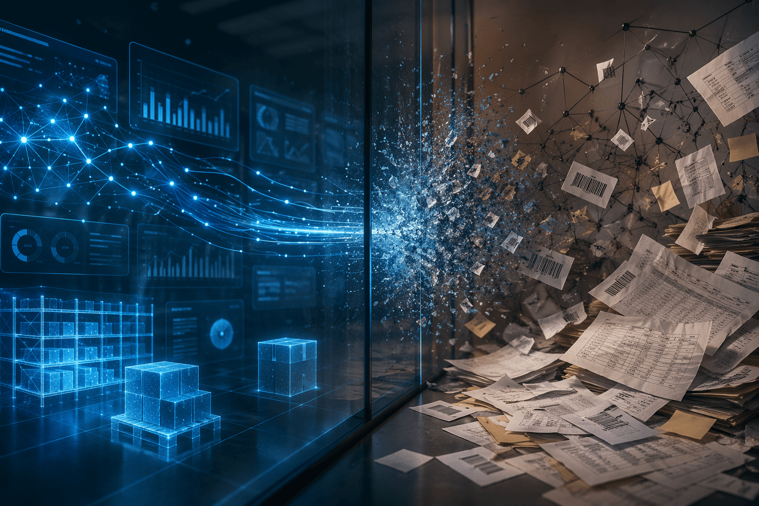 Glowing AI data streams breaking against a barrier of tangled documents, disconnected spreadsheets, and broken connection lines