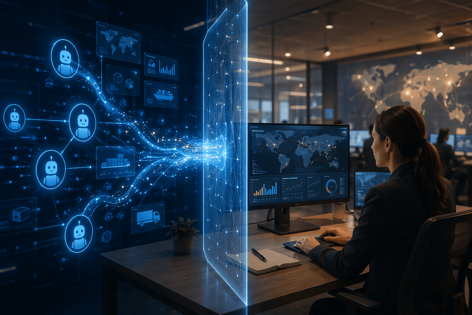 Modern supply chain operations center showing AI data processing beside a human planner reviewing approval controls