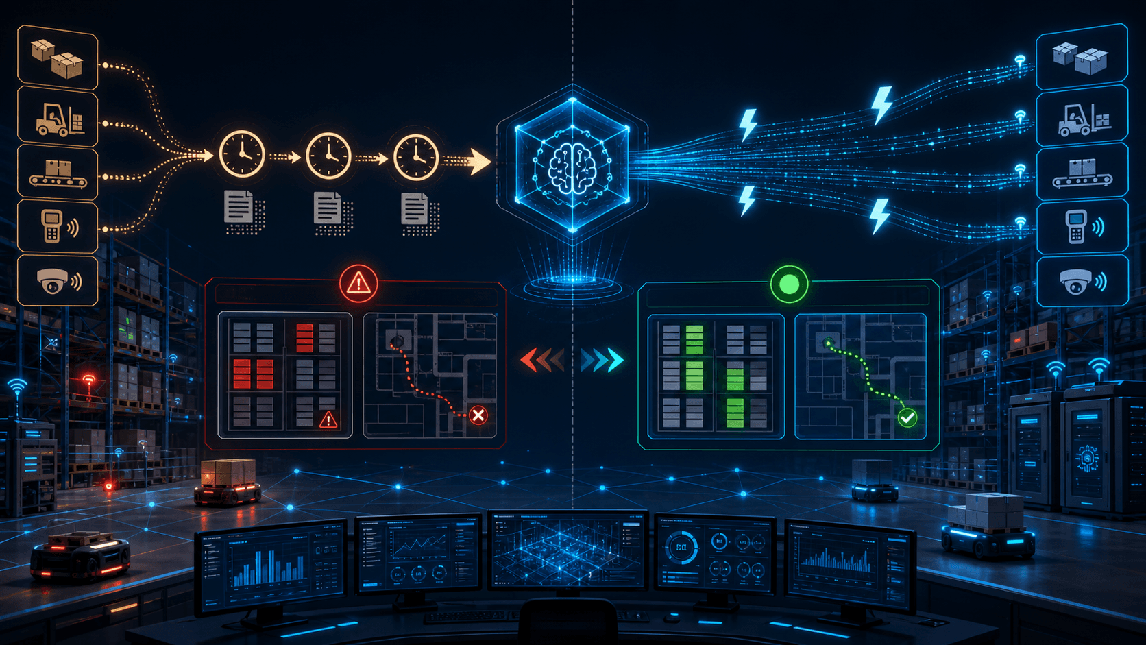 Comparison of a batch data pipeline with red latency warning on the left and a real-time streaming pipeline with green live-status indicator on the right, both feeding a central warehouse AI icon, with a stylized warehouse floor in the background.