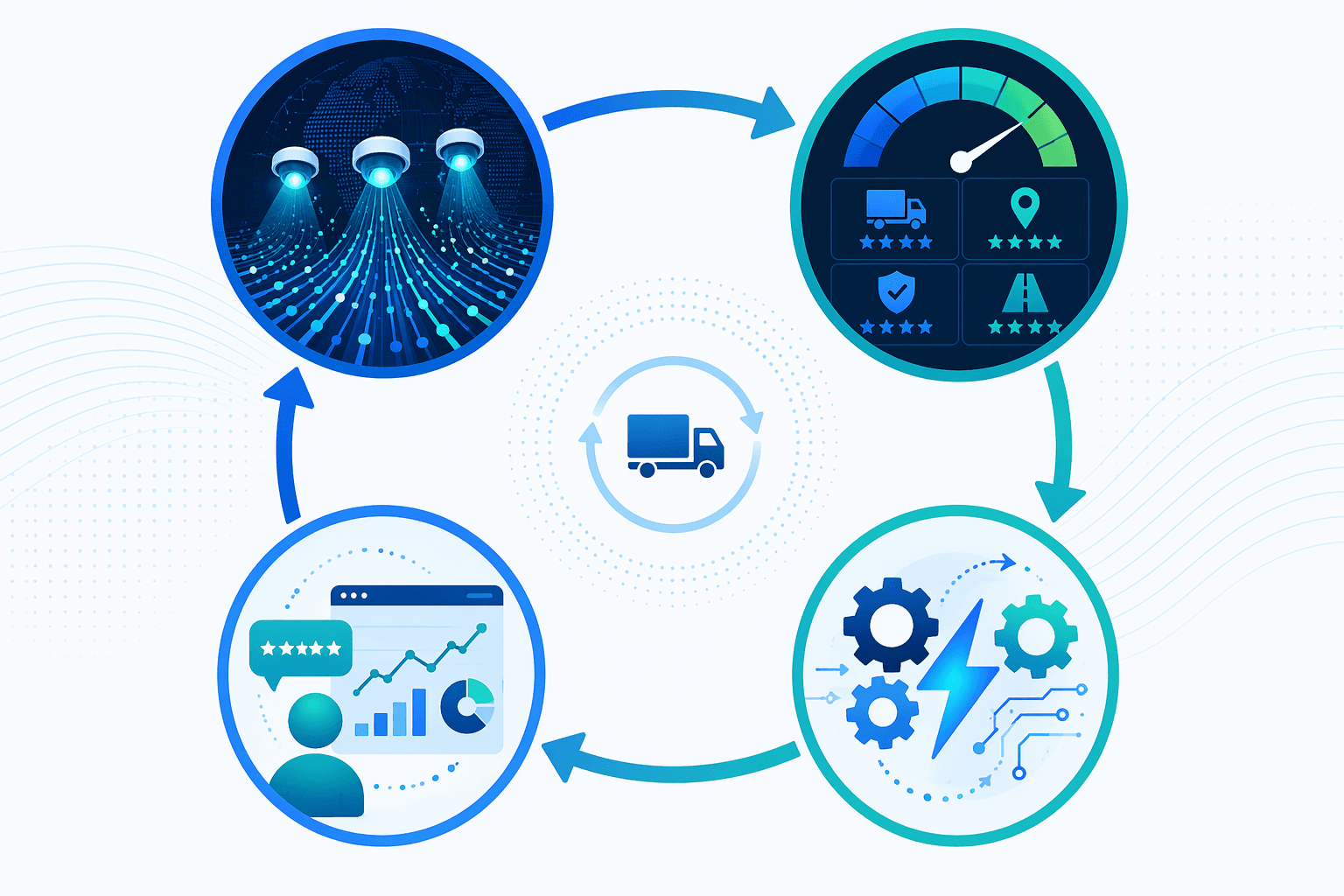 Circular workflow diagram showing market monitoring, carrier scoring, automated execution, and performance feedback.