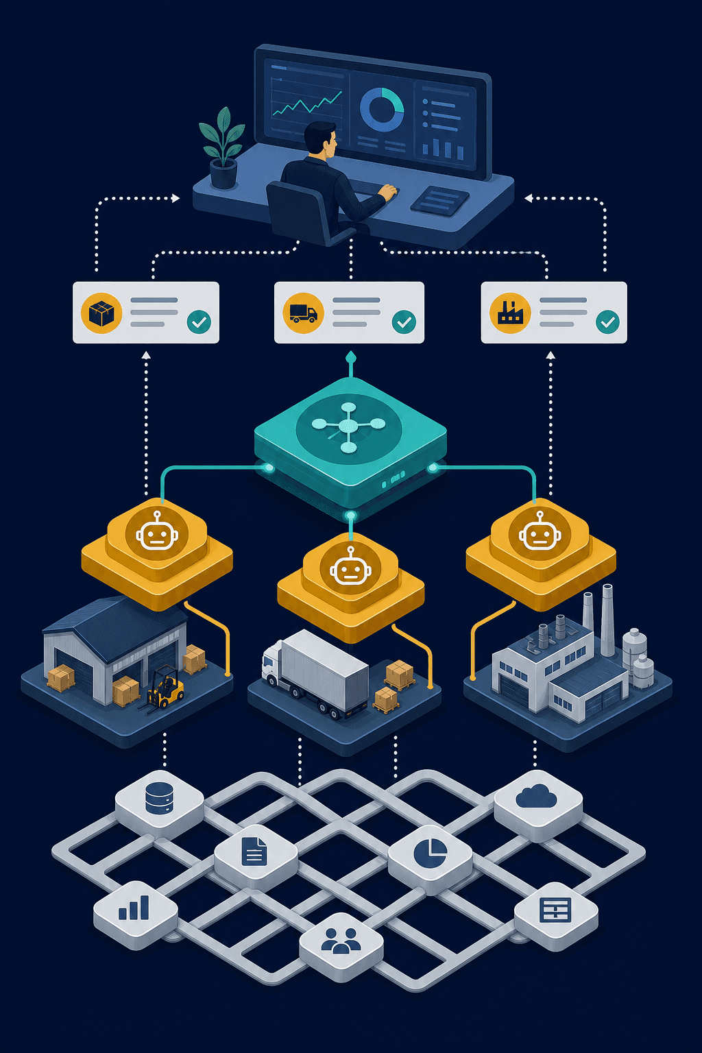 An editorial flat vector illustration of a multi-agent AI architecture for supply chain, with a central orchestration layer connected to three domain-specialized agent nodes (Inventory Agent near warehouse icon, Logistics Agent near truck icon, Procurement Agent near supplier icon), a woven data fabric layer underneath, and a human supervisor figure at a dashboard with recommendation cards and dotted-line approval flows above.