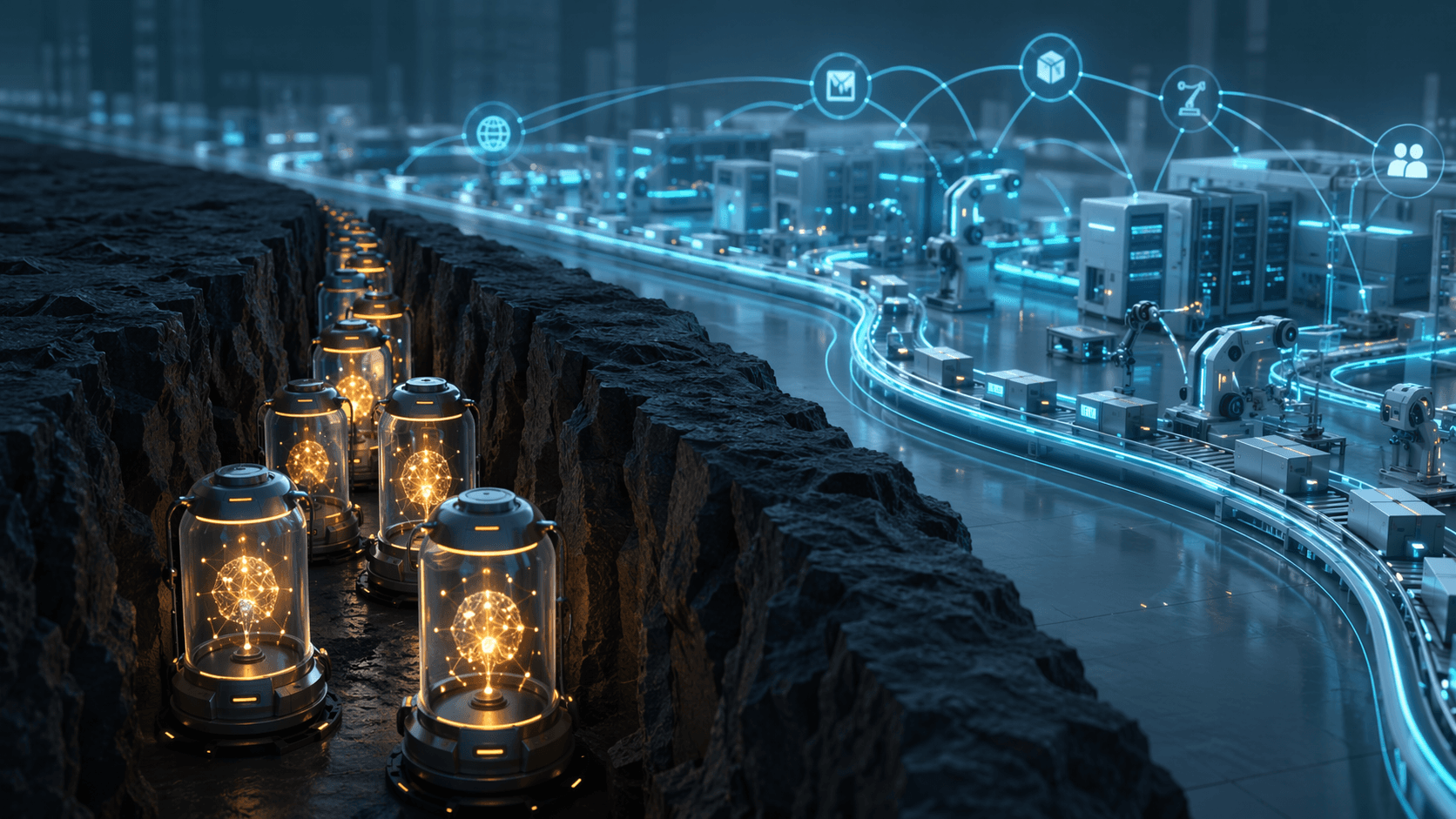 Digital pilot pods stuck in a bottleneck while a connected production pipeline flows in the background