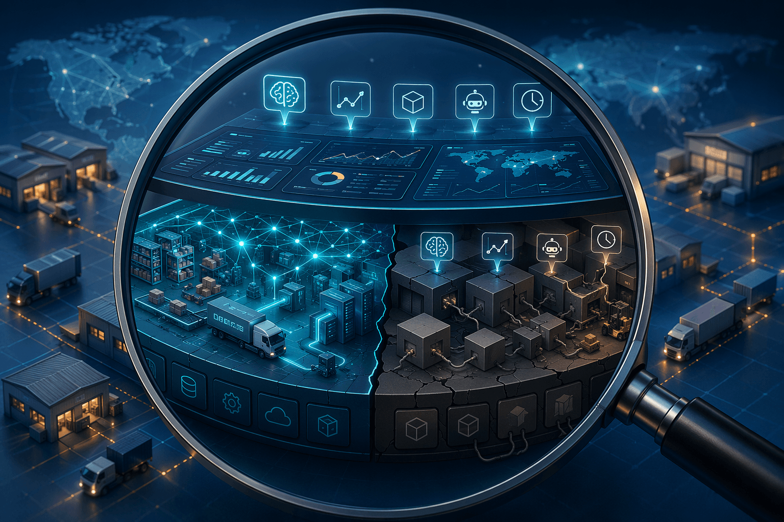 Magnifying glass inspecting supply chain software architecture with AI labels above mixed native and legacy foundations