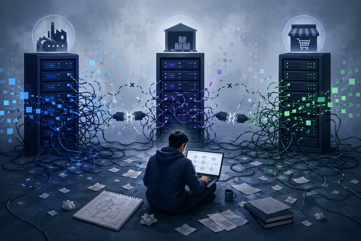 ERP, WMS, and POS systems connected by tangled and broken data lines