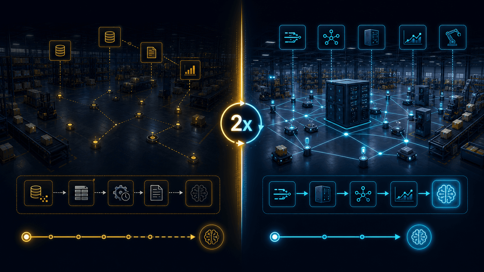 Side-by-side comparison of warehouse infrastructure readiness levels: low readiness (below 40%) with disconnected batch pipeline and 6-9 month timeline to AI deployment versus high readiness (above 60%) with streaming data flows and 3-4 month timeline.