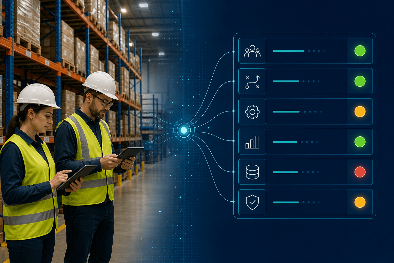 Split-composition illustration showing a modern warehouse interior on the left and a digital six-dimension readiness assessment grid on the right, with green, amber, and red status indicators connected by data-flow lines.