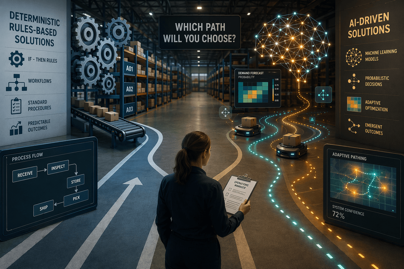 Warehouse decision point between deterministic rules and AI-enabled adaptive systems