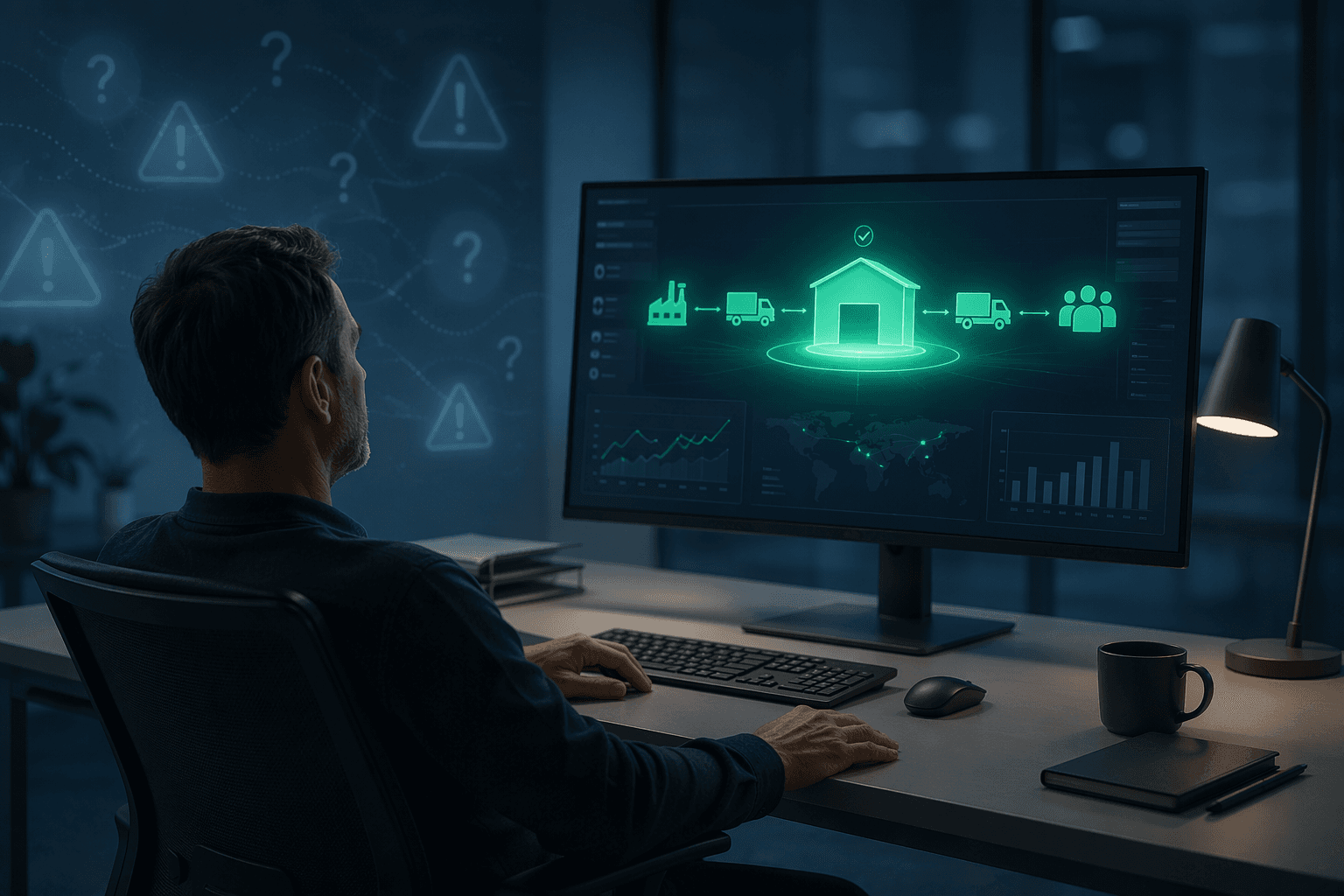 A supply chain planner passively accepting a glowing AI recommendation while warning symbols go unnoticed