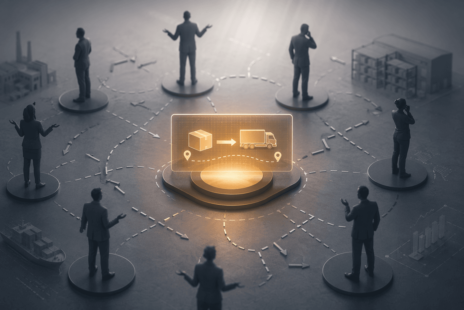 A central AI supply chain decision screen surrounded by distant human figures and fragmented responsibility arrows