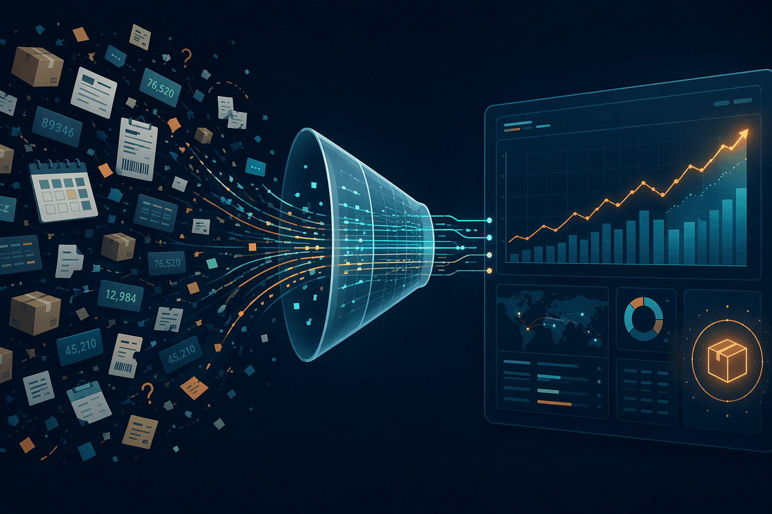 Chaotic supply chain data flowing through a funnel into an organized predictive dashboard