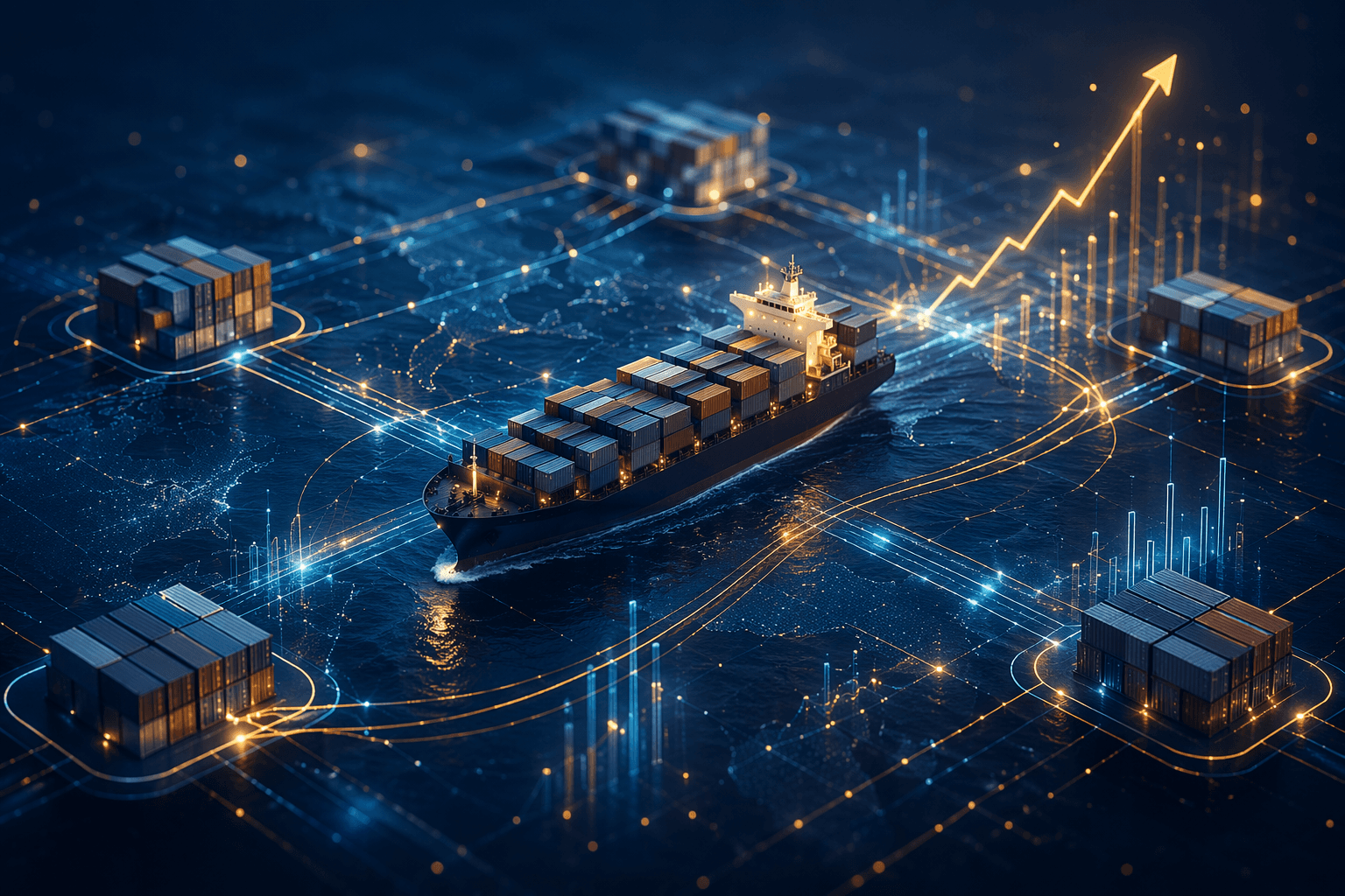 AI-driven cargo ship and container network with data streams and growth lines