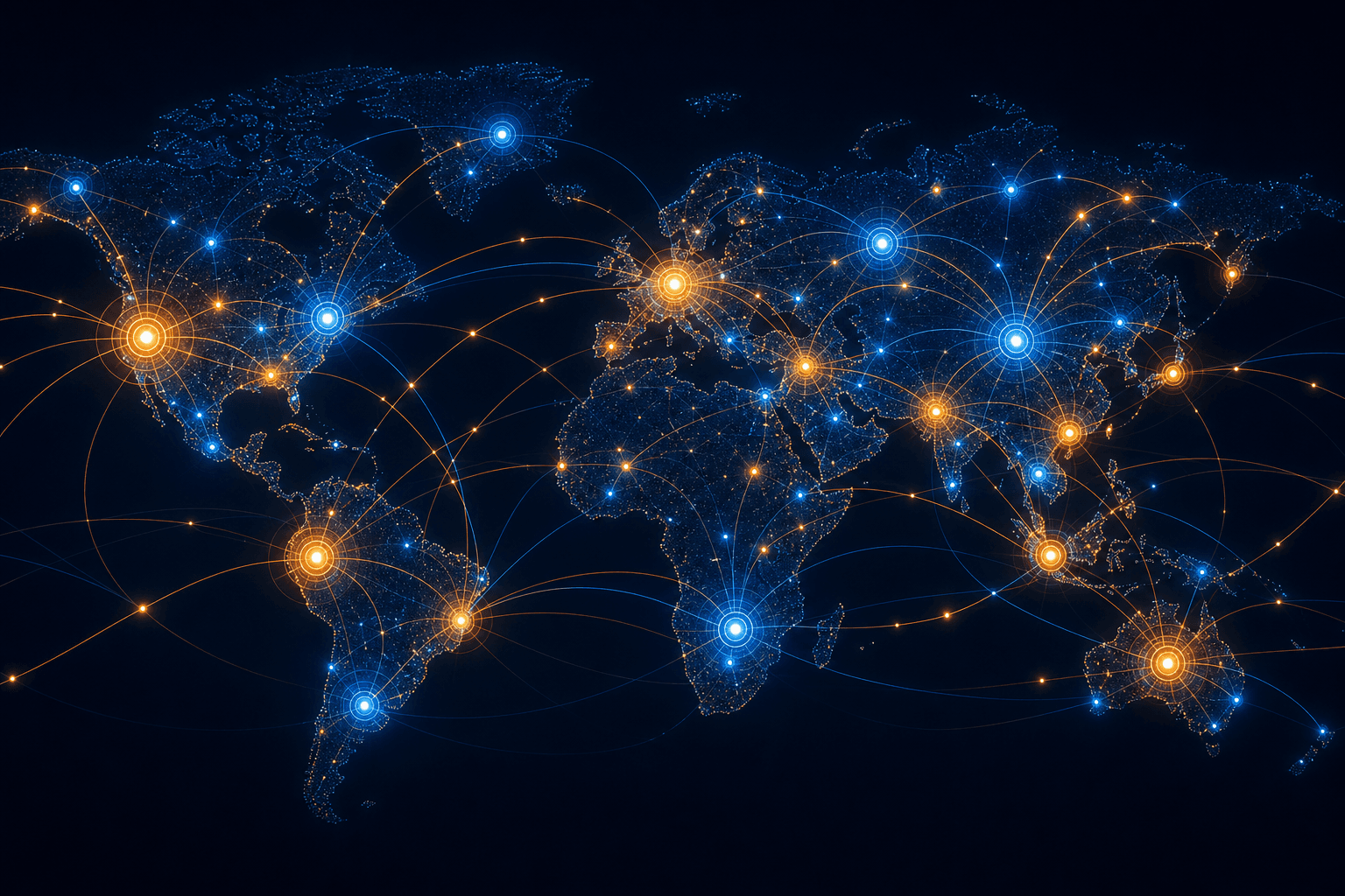 Abstract overhead network visualization showing glowing amber and blue data-flow lines connecting pulsing nodes across a borderless world map contour, representing autonomous inventory routing decisions across multiple geographies.