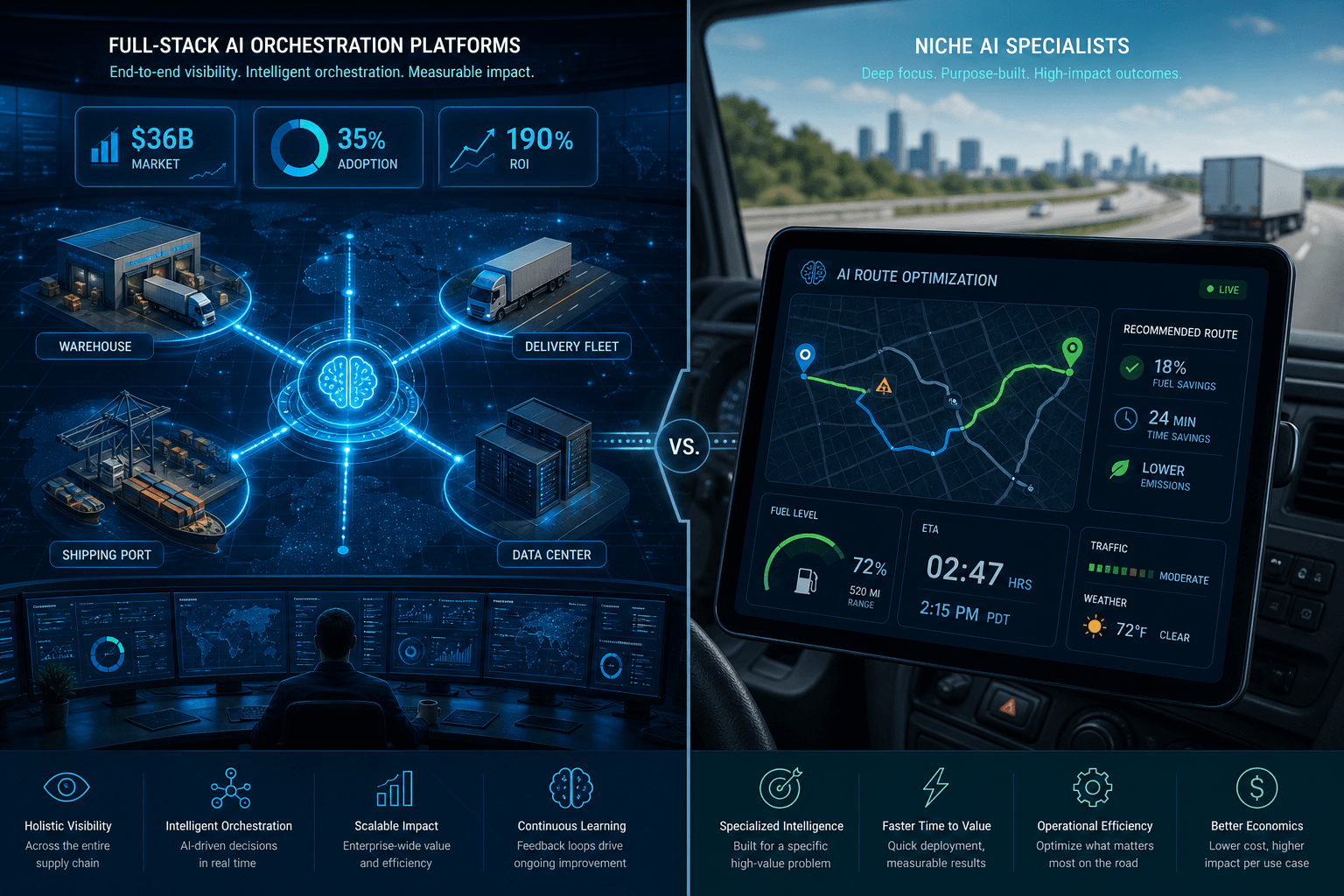 Split-screen illustration comparing a full-stack AI control tower dashboard on the left with a niche AI routing specialist dashboard on the right, separated by a visual divider.