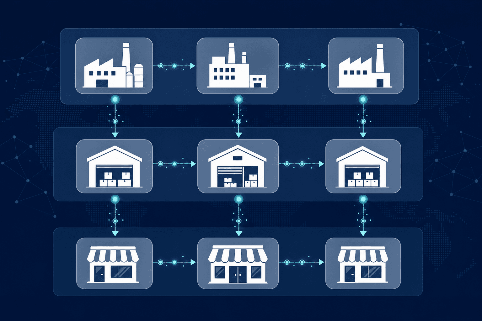 Three-layer supply chain network showing upstream factory and supplier nodes, midstream warehouse and distribution center nodes, and downstream retailer nodes connected by directional arrows with AI data-point markers on the flows.