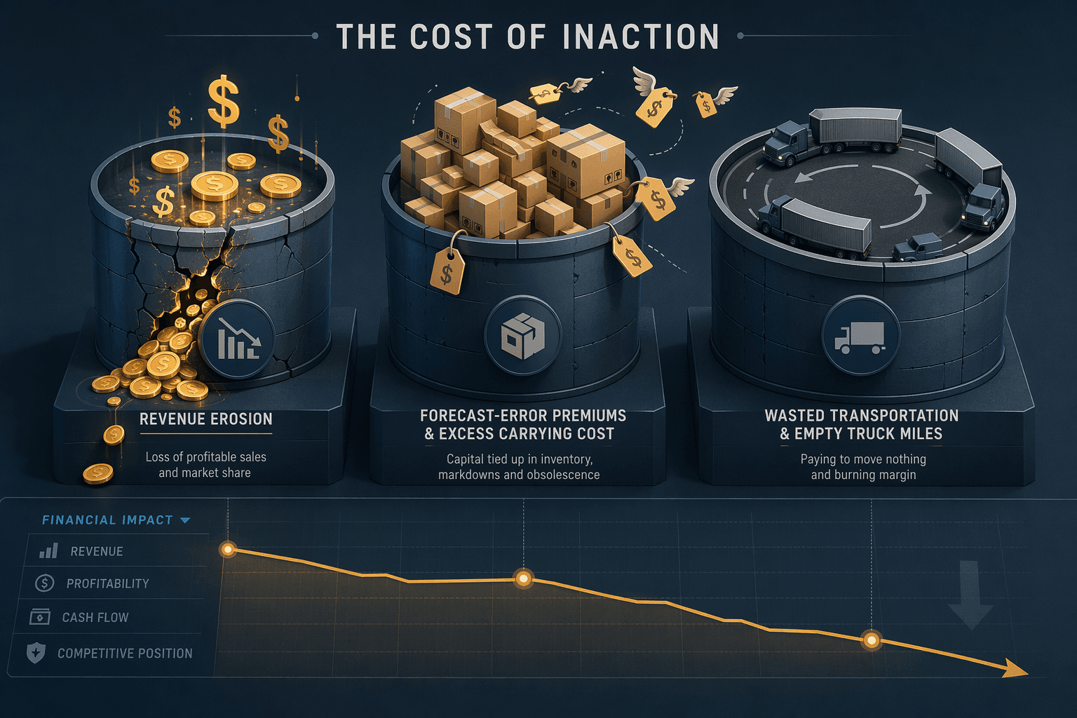 Three-container framework showing revenue erosion, forecast-error premiums, and empty truck miles