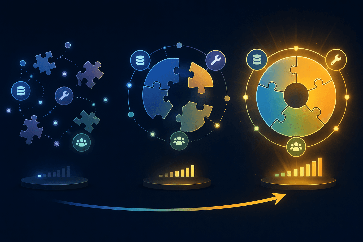 Infographic spectrum from fragmented AI initiatives to connected strategy-driven inventory ROI