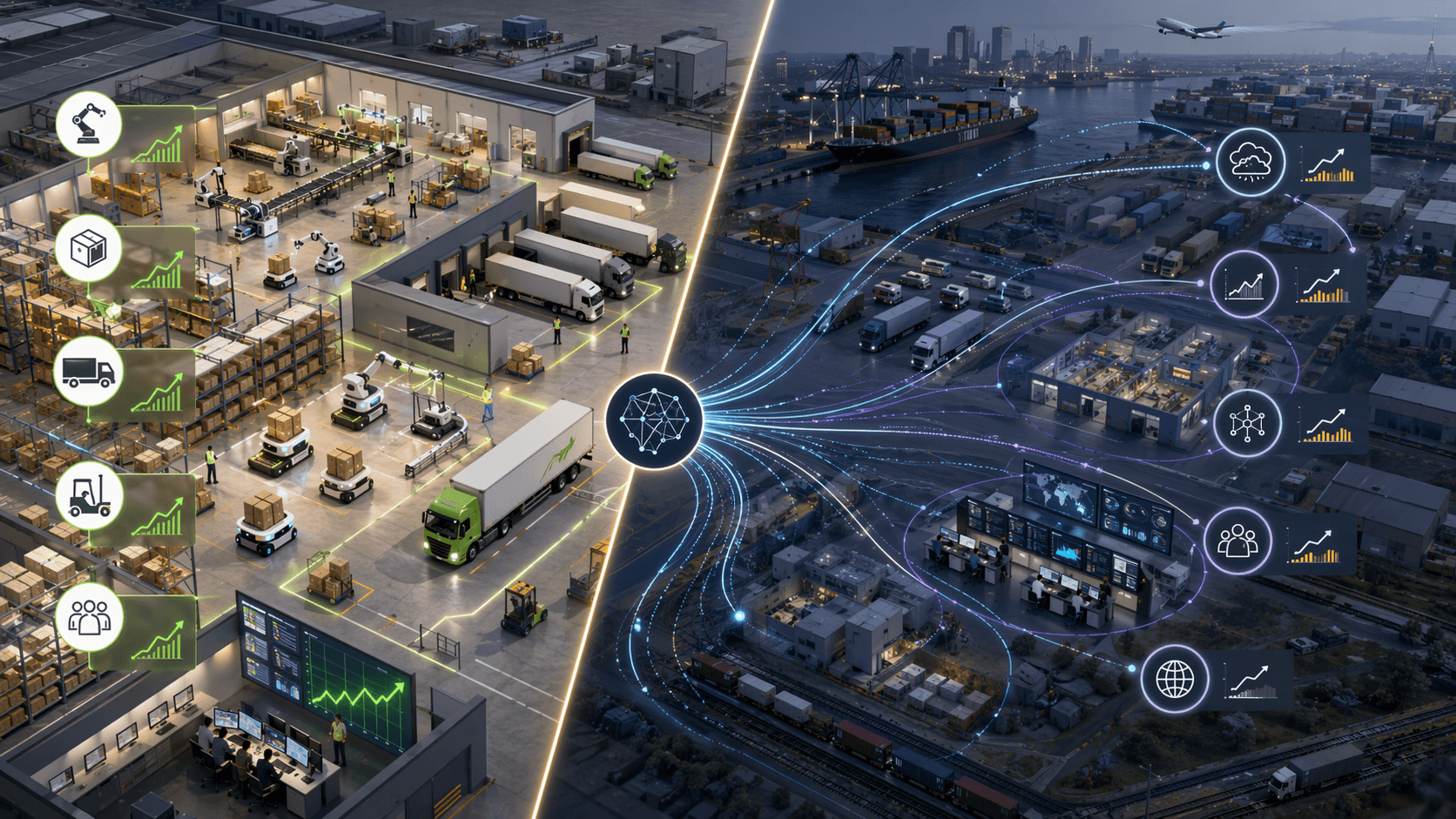 Top-down logistics landscape contrasting fast-payback warehouse and trucking applications with more complex data-flow zones