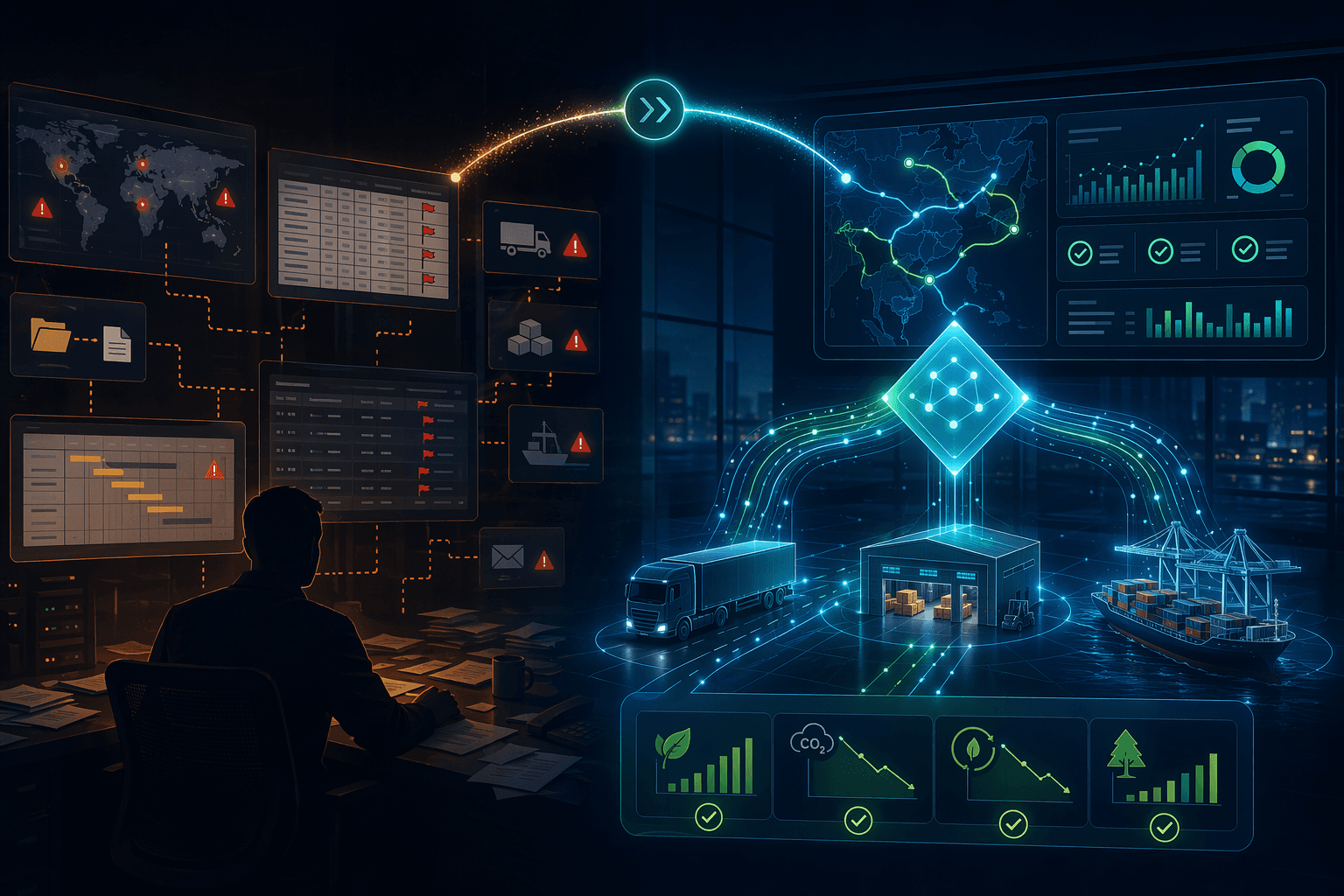 Split illustration: left side dark control room with disconnected screens showing delays and spreadsheets; right side bright nerve center with a cyan diamond connecting truck, warehouse, and port into a unified dashboard with optimized routes and green checkmarks.