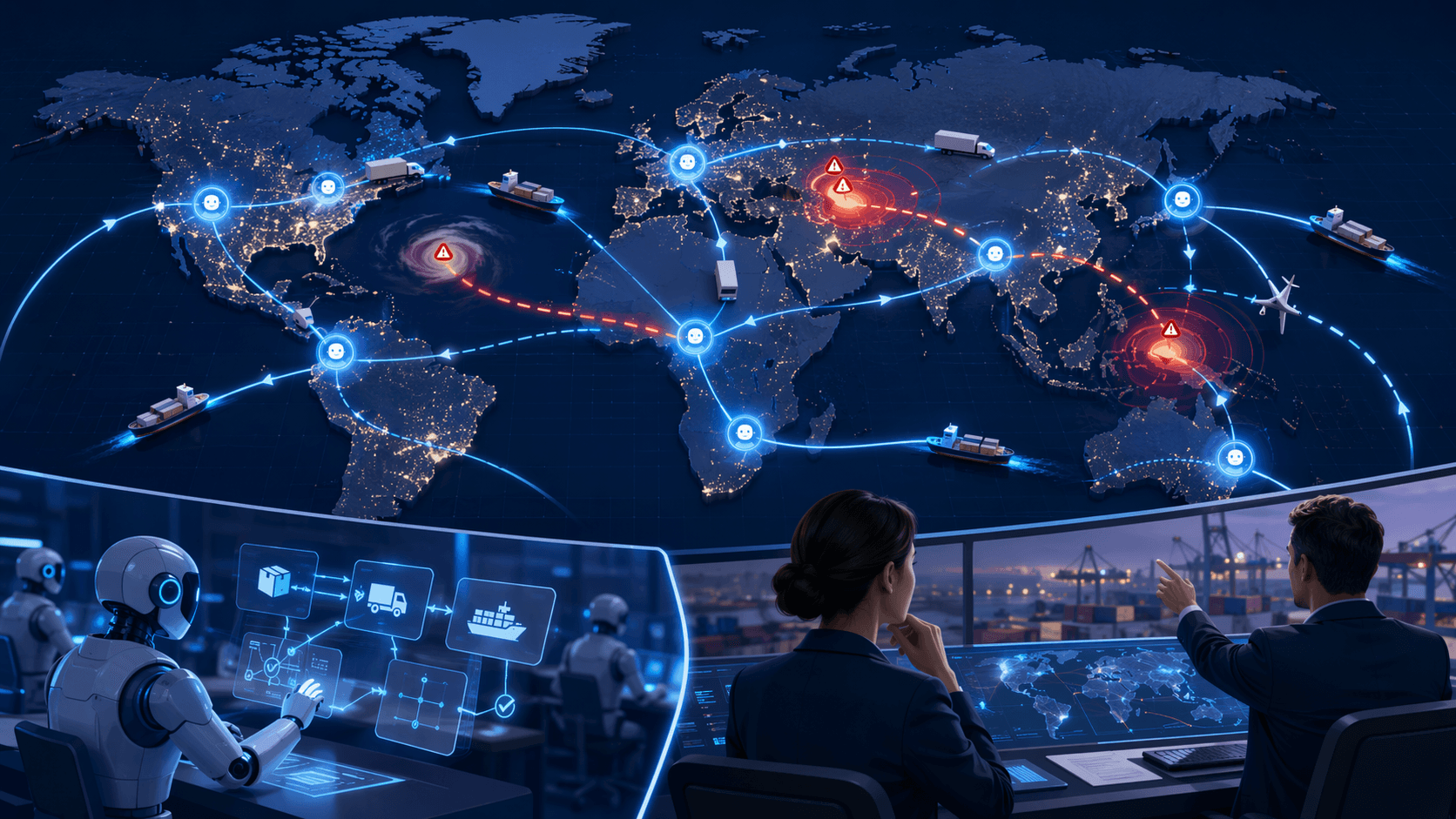 World map with AI agent nodes rerouting shipments around disruption hotspots while human operators oversee critical decisions