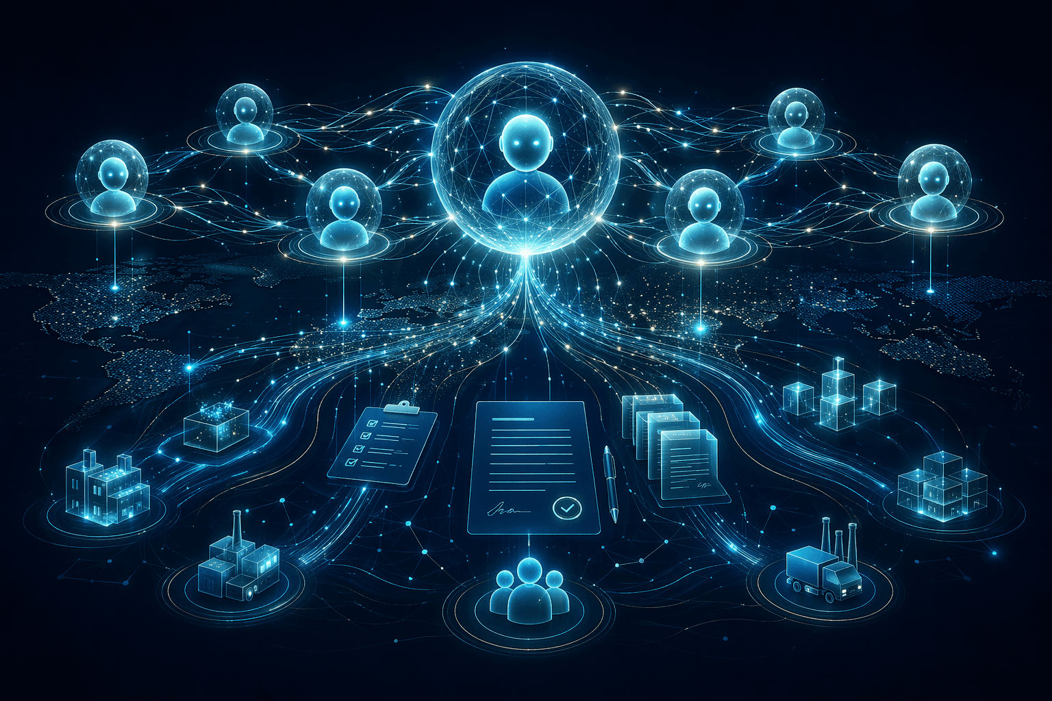 Connected AI agent spheres operating across procurement documents, contracts, and supplier network nodes