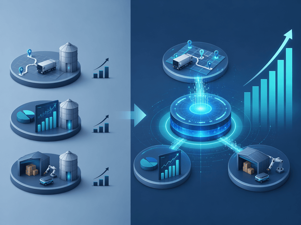 Conceptual diagram showing isolated AI use cases compared with connected use cases sharing central data infrastructure