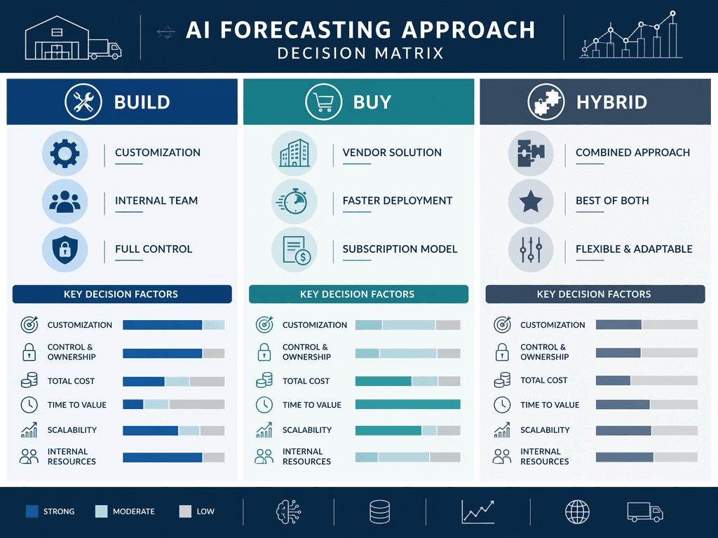 A three-column decision matrix comparing Build, Buy, and Hybrid approaches for AI forecasting, with icons and horizontal indicator bars showing decision factors beneath each column.