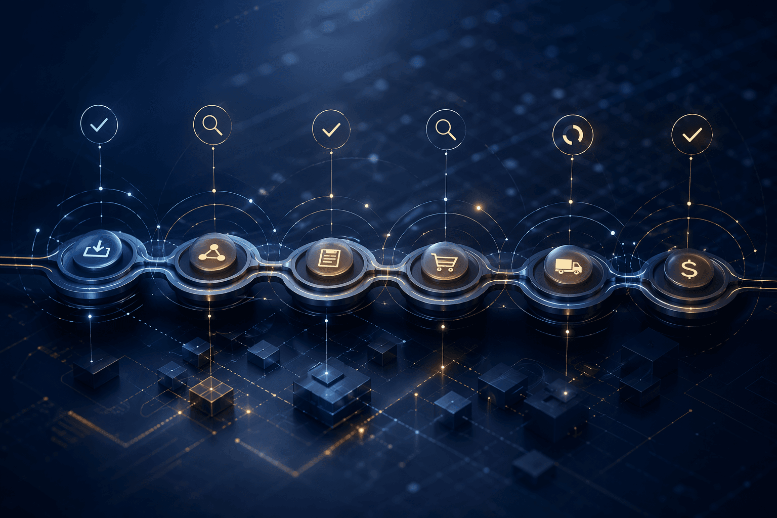 Abstract procurement lifecycle architecture with evaluation markers across connected nodes