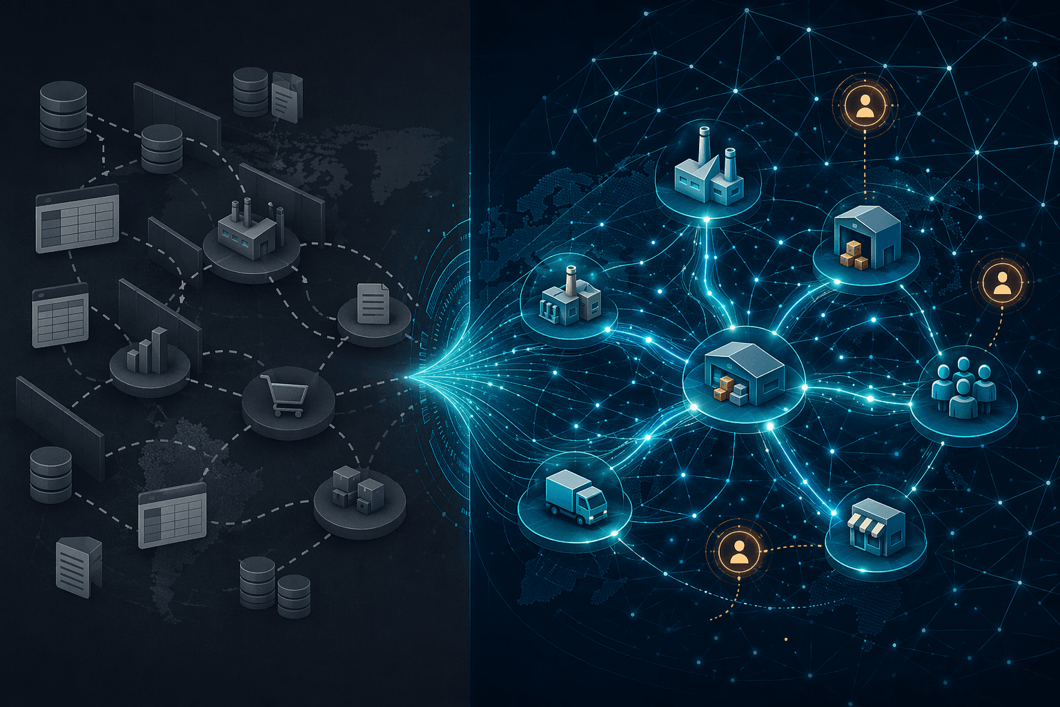 Split composition illustration: left side shows fragmented supply chain systems with gray disconnected databases and siloed department nodes; right side shows an intelligent unified network with glowing nodes connected by flowing data streams and a translucent neural network pattern.