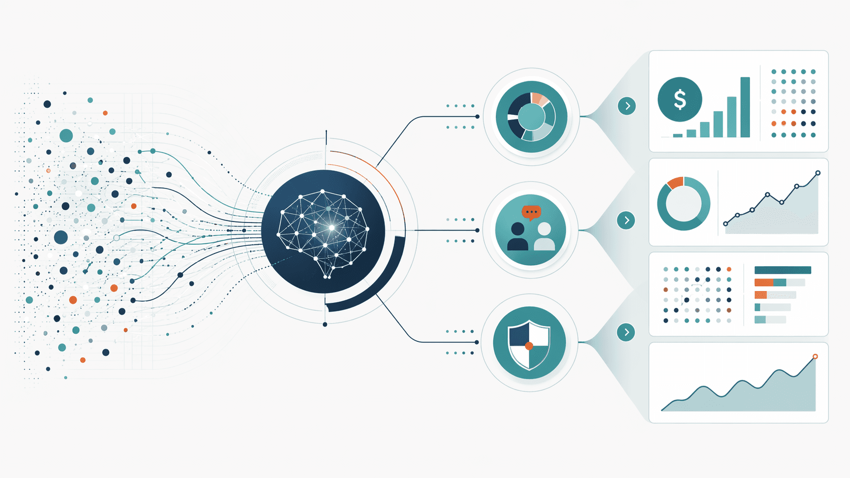 A modern editorial illustration showing a central procurement analytics hub with scattered data points flowing in, passing through an AI processor, and emerging as organized metrics and dollar-figure results.