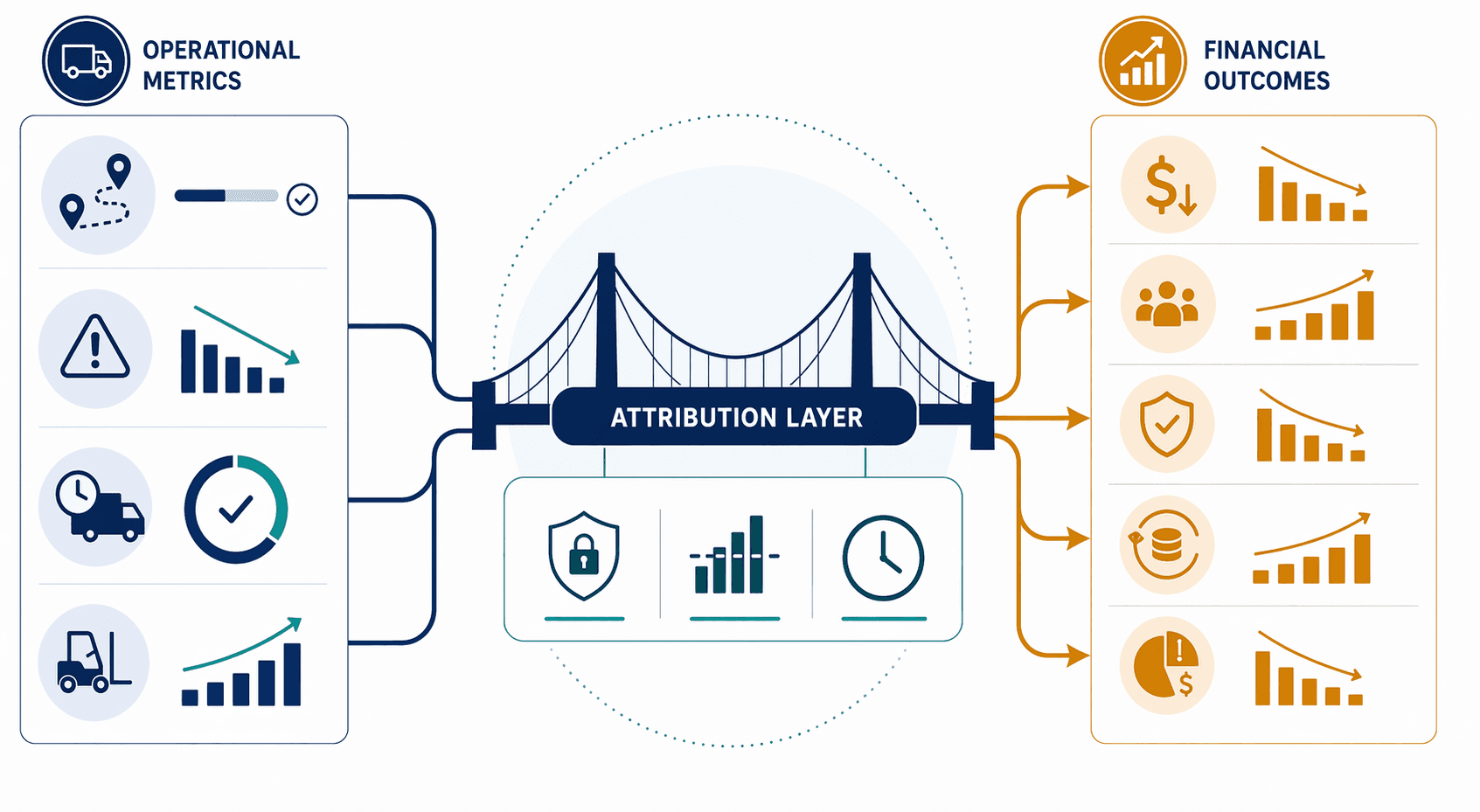 Framework linking logistics operating metrics through an attribution layer to financial outcomes