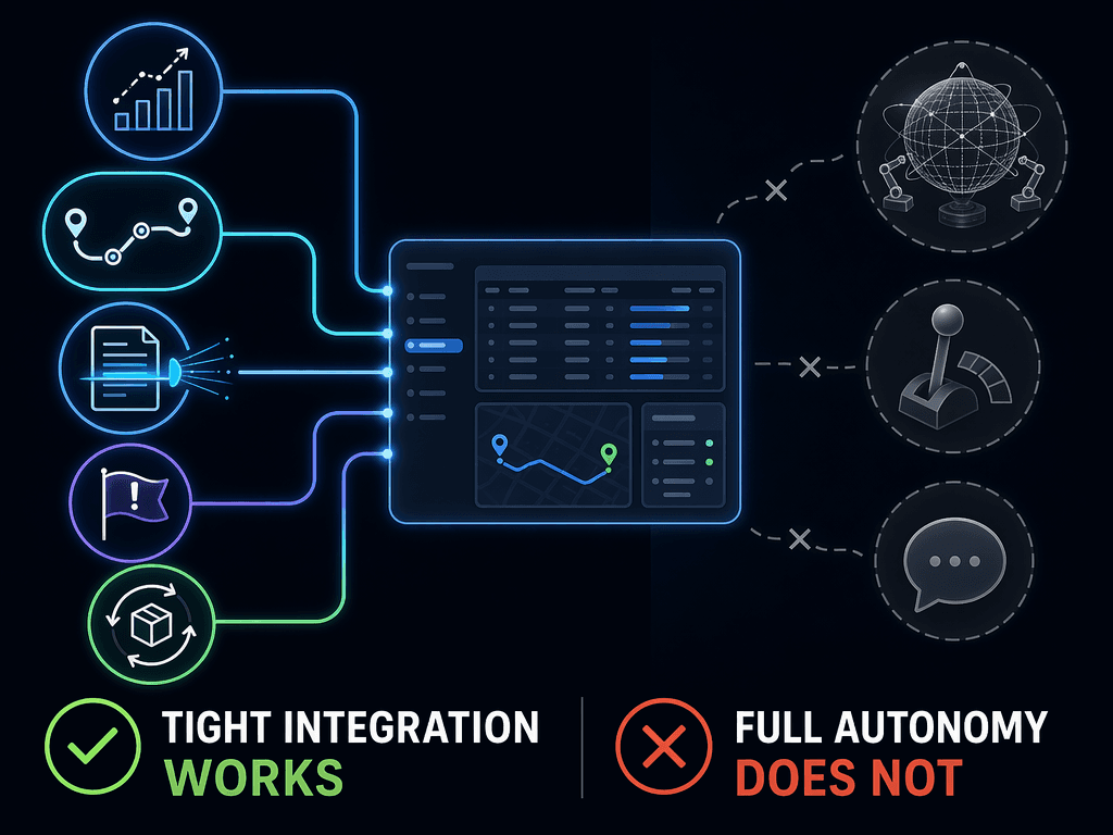 Framework comparing five proven AI supply chain applications connected into existing systems with three underperforming applications shown as disconnected faded nodes