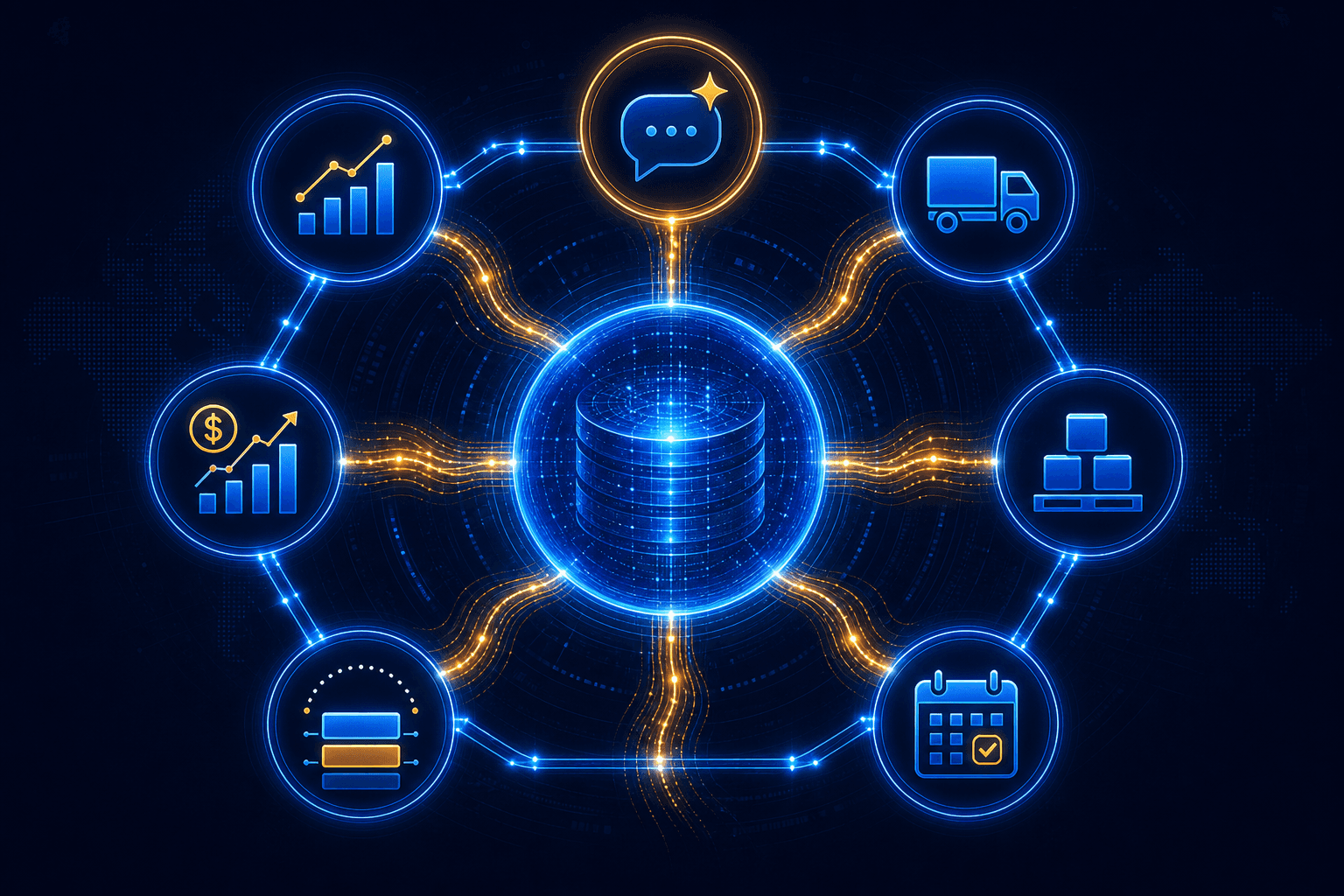 Enterprise supply chain planning intelligence hub showing a central SAP HANA database core connected to six satellite planning nodes for Demand, Supply, Inventory, S&OP, DDMRP, and Financial functions, with AI-driven data flow lines in SAP blue and amber.