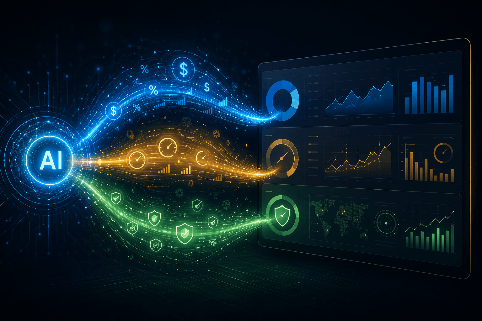 Three glowing pathways from an AI node into a procurement dashboard, representing cost savings, efficiency gains, and risk reduction