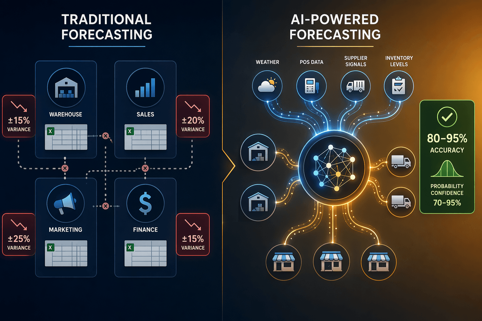 Split infographic comparing traditional fragmented forecasting (left) with AI-powered unified forecasting (right).