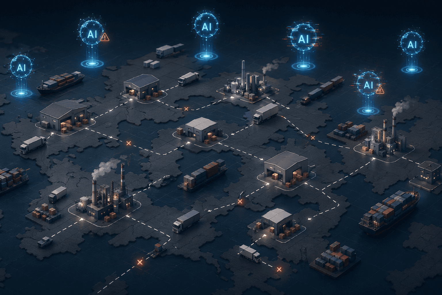 Fragmented supply chain network with disconnected AI nodes above warehouses, trucks, containers, and factories