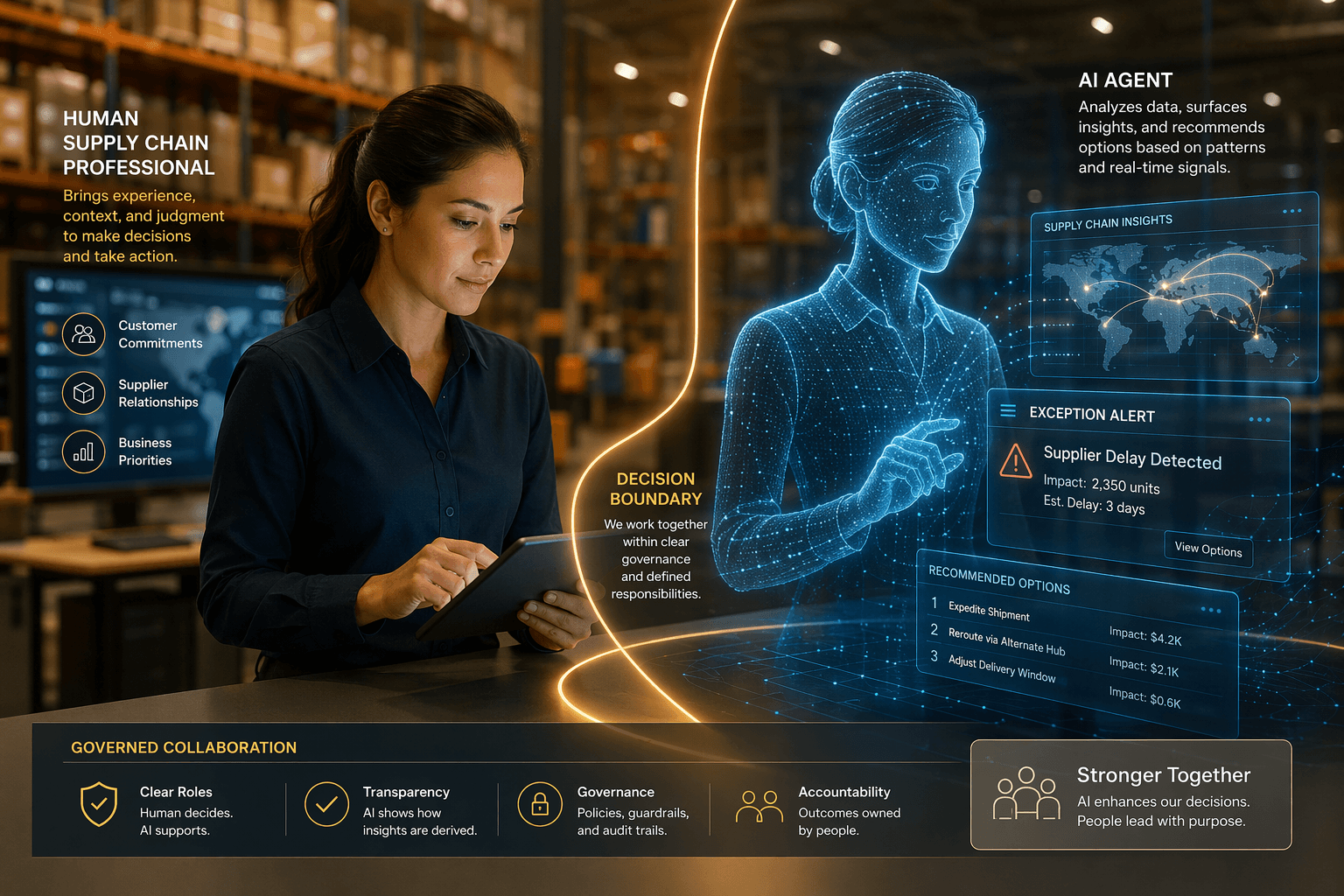 Supply chain professional reviewing a tablet beside a holographic AI agent interface with exception alerts and network data