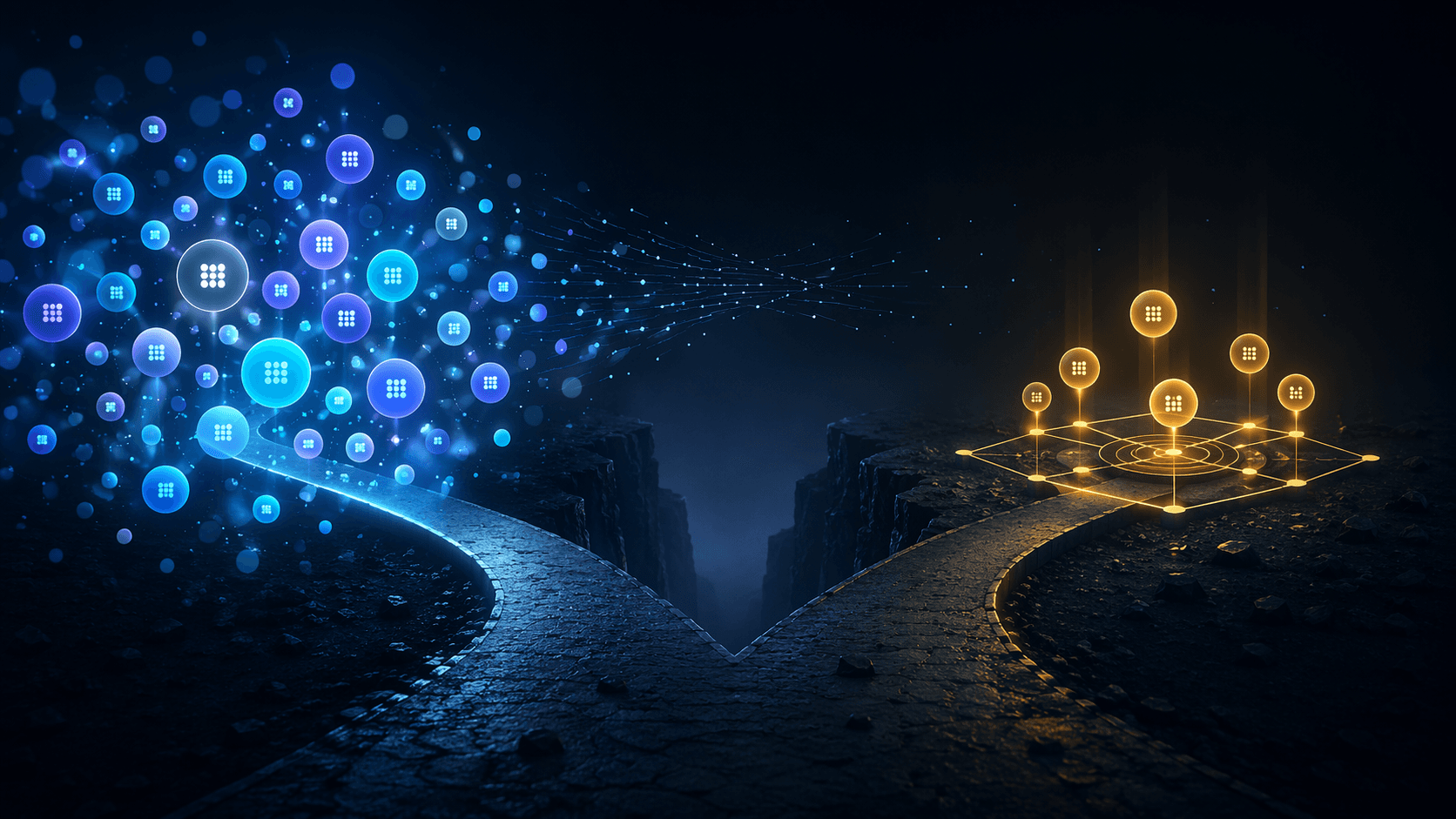 Split composition showing a dense scattered cluster of glowing circles on one side and a smaller structured framework of connected nodes on the other, with a visible gap between them