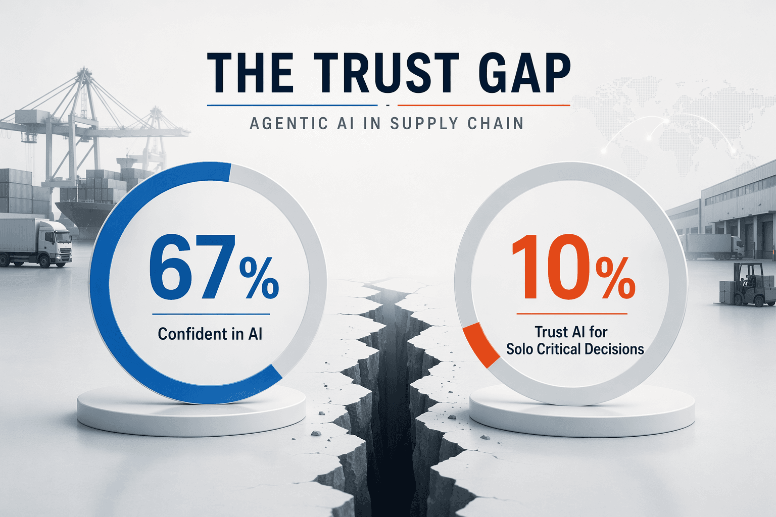Two progress gauges showing 67% confidence in AI and 10% trust in AI for solo critical decisions