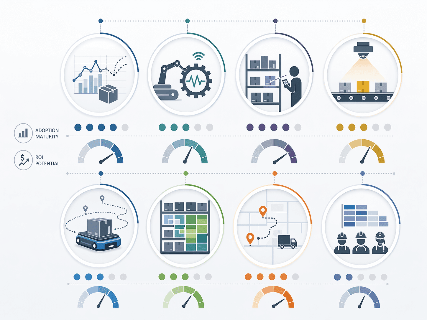 Comparison grid of eight warehouse AI use case icons with maturity gauges and ROI indicators
