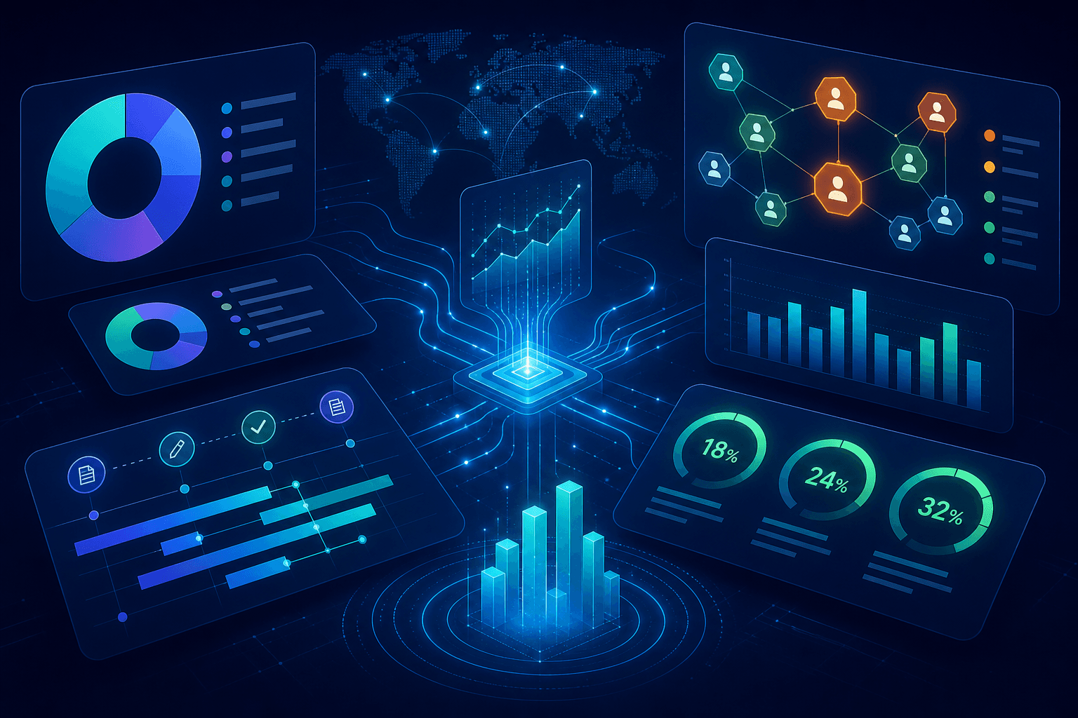 Dark navy and teal editorial illustration of a procurement analytics dashboard concept showing glowing data streams connecting spend category donut charts, supplier risk nodes, contract timeline bars, and cost-saving percentage indicators.