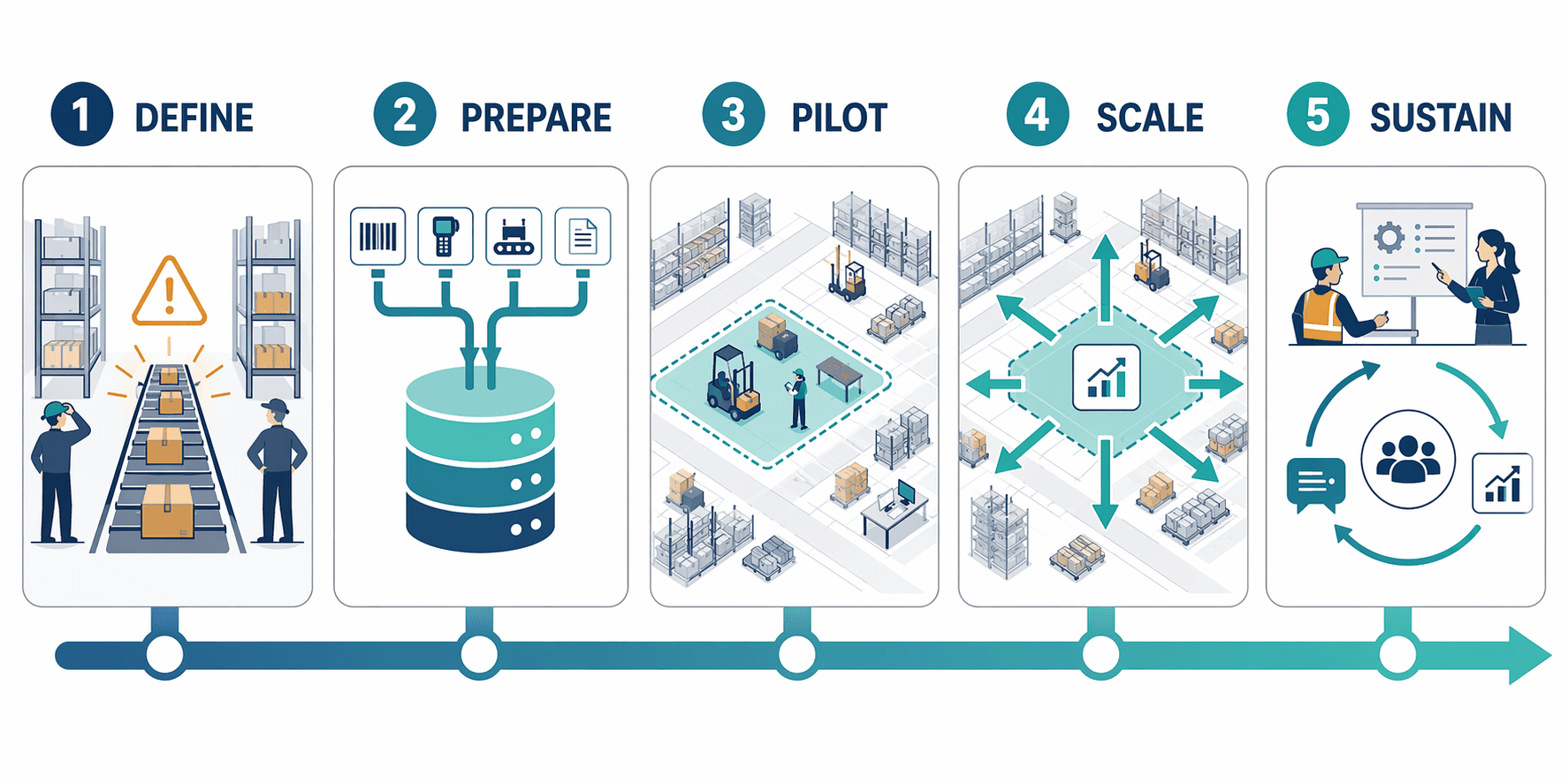 Five-step warehouse machine learning implementation flow from define and prepare through pilot, scale, and sustain