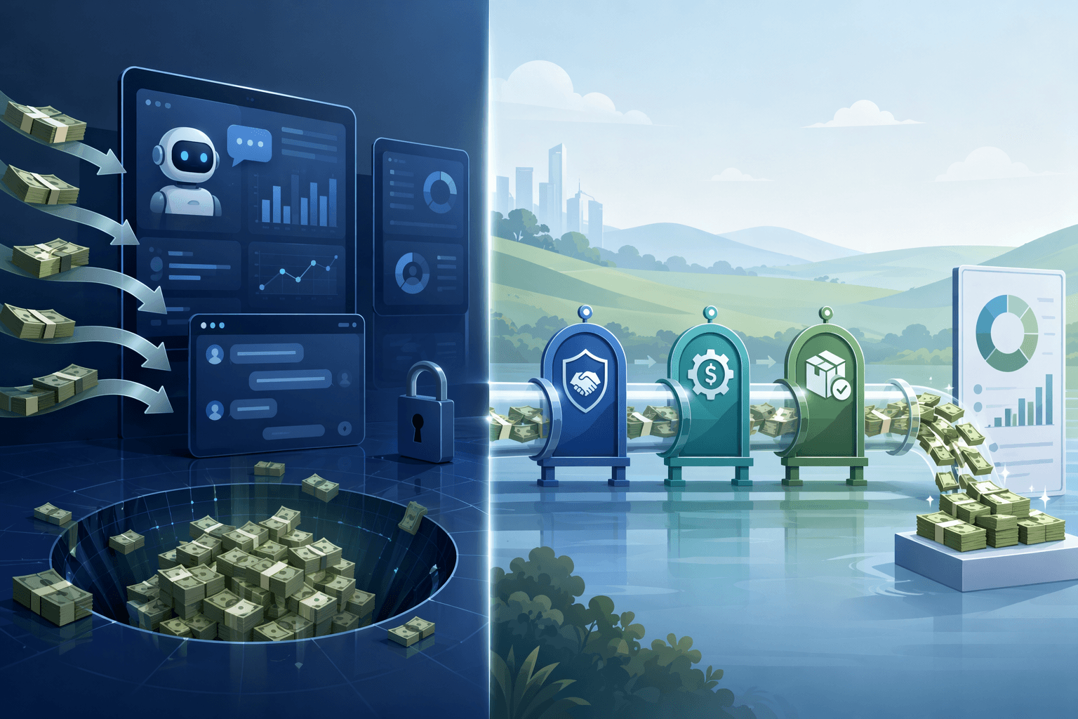 Polished AI dashboards contrasted with cash flowing through dispute resolution, deduction recovery, and inventory availability gates