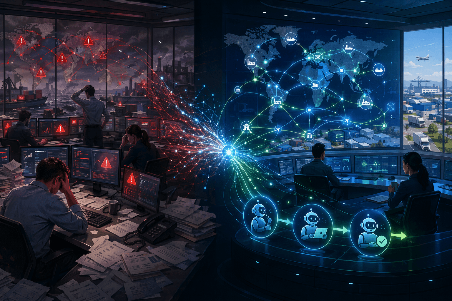 Control tower operators overwhelmed by alerts transitioning into autonomous supply chain nodes resolving disruptions