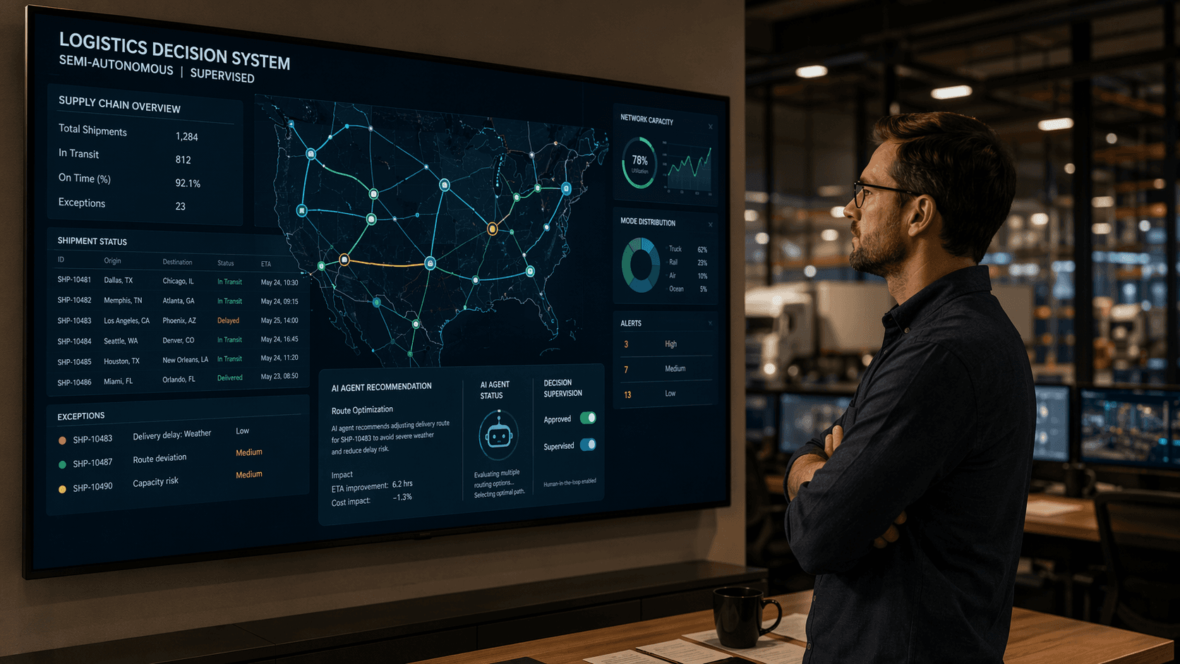 Human logistics planner supervising AI-driven shipment routing decisions in a control room