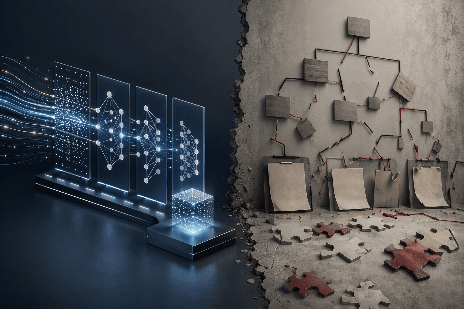 Advanced AI infrastructure contrasted with disconnected workflows and missing strategy documents